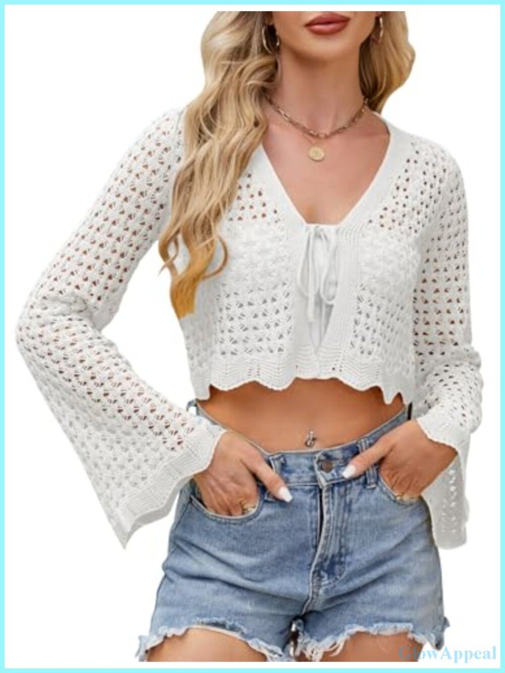 Women's Crochet Tie Front Cardigan Cropped Knit Bolero Shrug Bell Sleeve